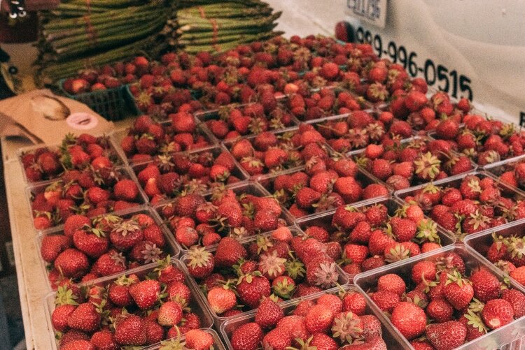Fresh produce is the hallmark of farmers markets. These strawberries greeted visitors to the Bay Area Farmers Market in Downtown Bay City.