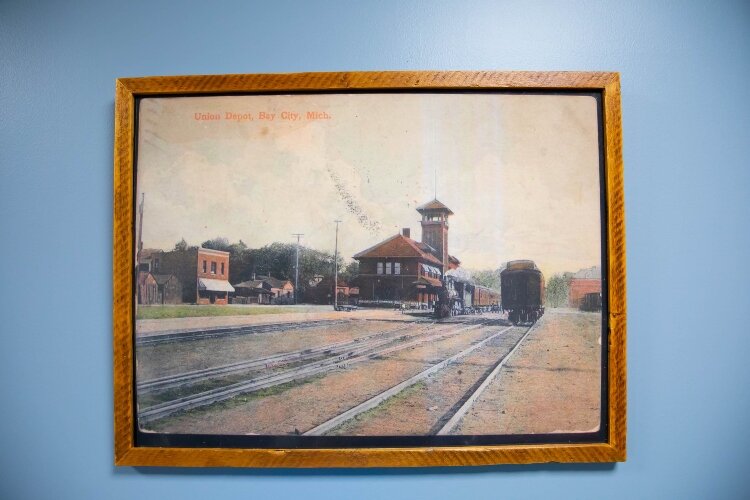 A photo of the original depot in Downtown Bay City hangs on the wall inside the Veterans Workshop & Learning Center