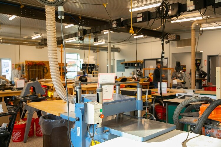 Equipment inside the wood shop is mobile, so the room can be rearranged as needed.