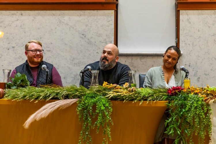 From left, Scott Ellis, Phil Eich, and Trashan Rena were among the panelists at the Tues., Jan. 9 live show. The table was set to resemble a fine meal served to guests.